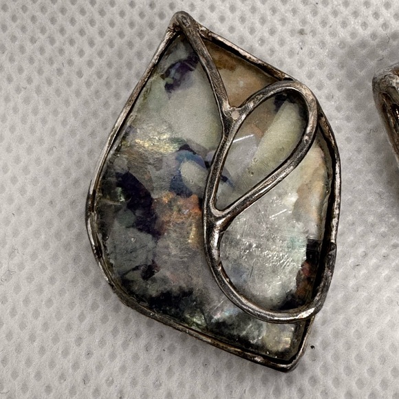 Vtg URI RAMOT Earrings ISRAEL 950 Silver Modernist Antique Roman Glass Clip on - Picture 4 of 17